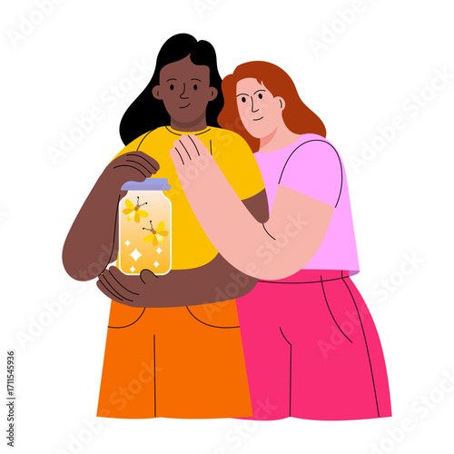 A flat style illustration showing friendship 
