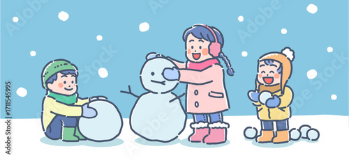雪遊びする子供たちのイラスト