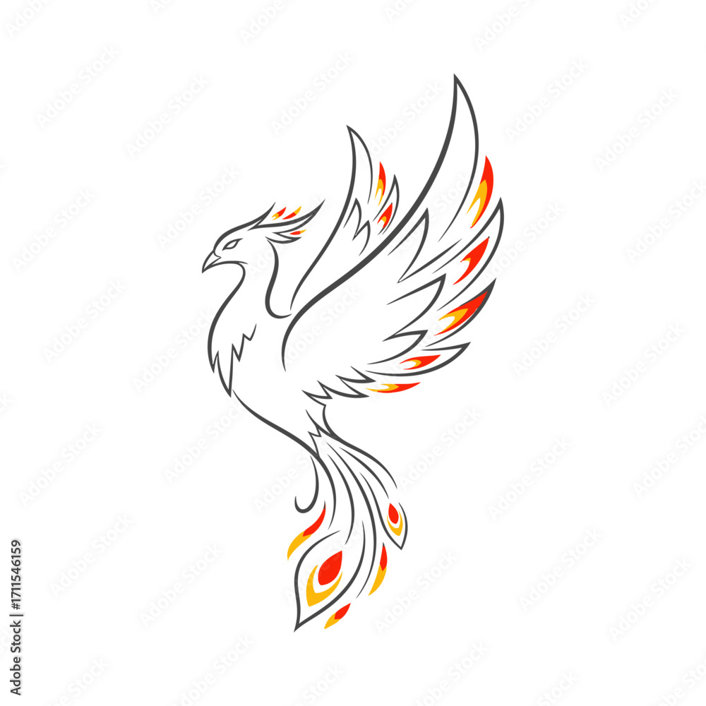 Fototapeta premium Elegant phoenix bird line art with colorful flames isolated on white background illustration