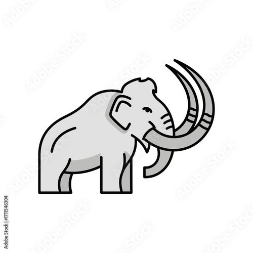 Illustration of a woolly mammoth with large tusks isolated on white background, a prehistoric animal
