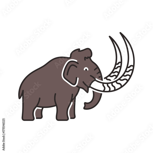 Illustration of a woolly mammoth with large tusks isolated on white background, a prehistoric animal