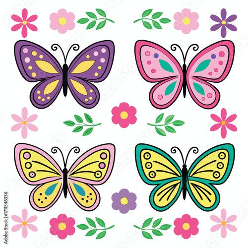 Colorful set of butterflies and insects, a seamless pattern illustration for design with varied silhouettes and wings showing the beauty of nature