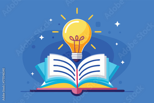 Bright idea emerges from an open book with glowing light bulb above in creative design