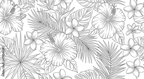 Exotic blooms, line art tropical plants seamless pattern on white canvas