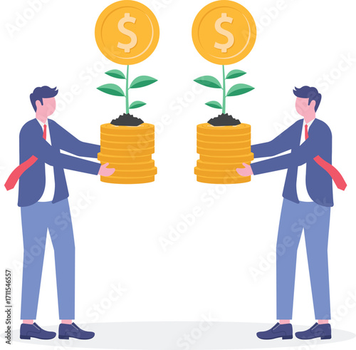 Flat illustration of hand holding seedling from pile coins against cityscape impact of investments on urban development
