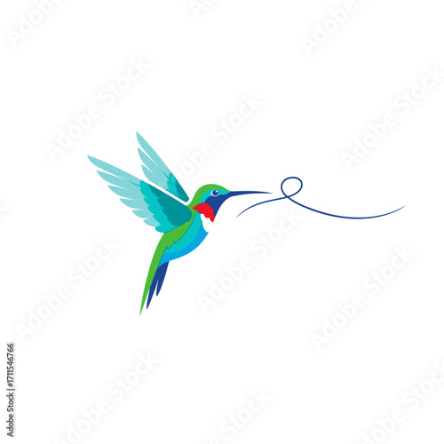 Colorful hummingbird flying and drinking nectar isolated on white background illustration vector