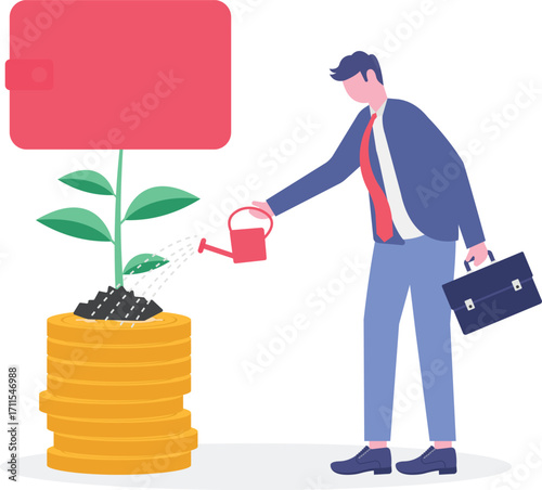 Flat illustration of Plant growth on wallet seedlings investments saving potential wealth
