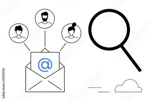 Open envelope with email icon, interconnected user profiles, and magnifying glass. Ideal for collaboration, networking, email marketing, communication analysis, user search, digital tools simple