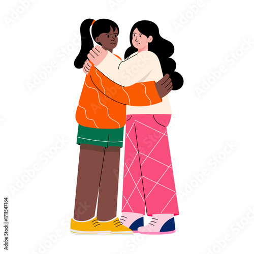 A flat style illustration showing friends hugging 

