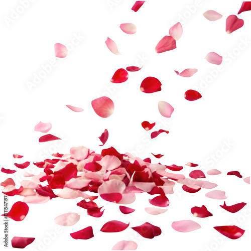Many rose petals fall on the floor isolated on transparent background