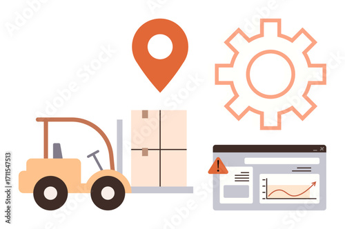 Forklift carrying a box, location pin, gear icon, and analytics dashboard with warning sign. Ideal for logistics, supply chain, transportation, inventory, technology monitoring and automation