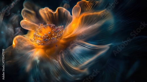 Abstract ethereal glowing floral bloom in a dark ambient atmosphere