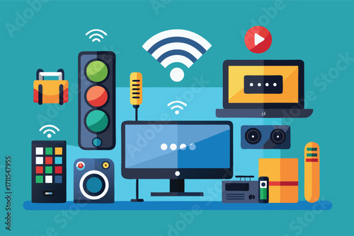 Variety of electronic devices and symbols representing technology and connectivity