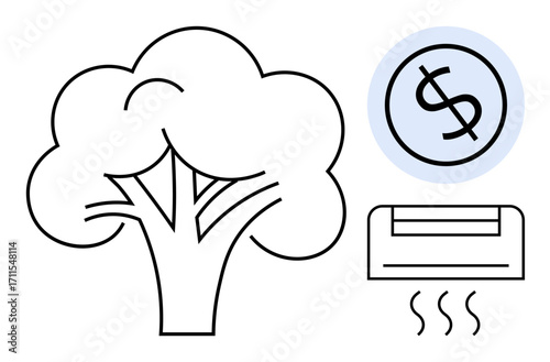 Tree, air conditioner emitting warm air, and circular dollar sign highlight sustainable energy, environmental impact, and cost efficiency. Ideal for eco-living, savings, energy efficiency, climate