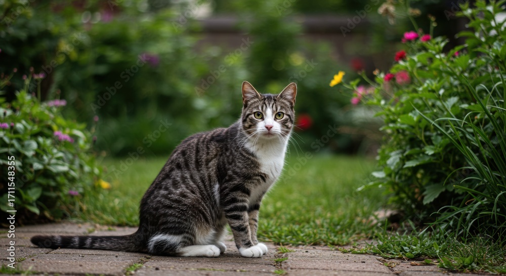 Obraz premium Alert tabby cat sitting in a lush green garden.
