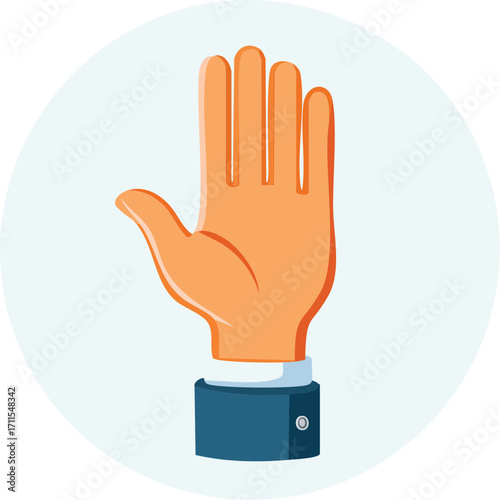 A single hand, palm open, raised in a gesture of stopping or requesting attention, against a light blue circle background.