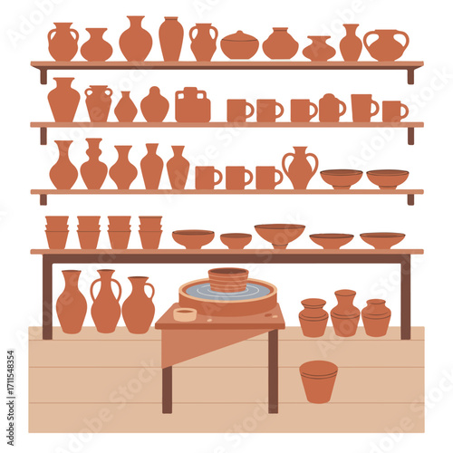Shelves with clay pottery and a pottery wheel displayed in a simple cartoon illustration