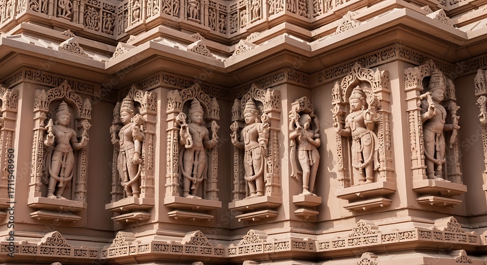 Obraz premium Intricate Sculptures Adorn a Sandstone Temple Facade