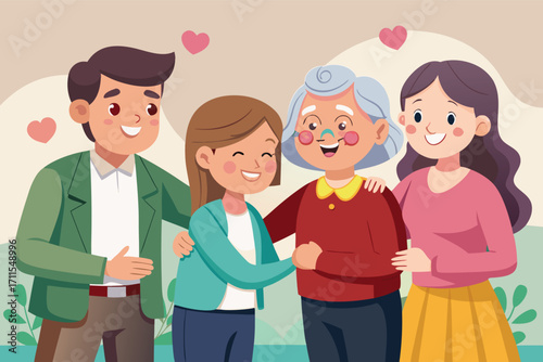 Heartwarming family gathering with smiles and hugs in a sunny outdoor setting