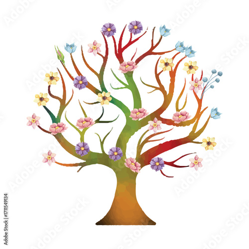 Trees vector, multicolor trees vector illustration, trees with flowers vector, 