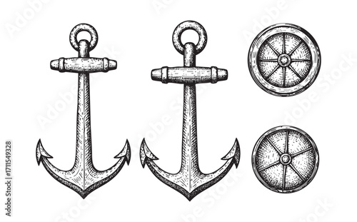 set of anchor engraving vector