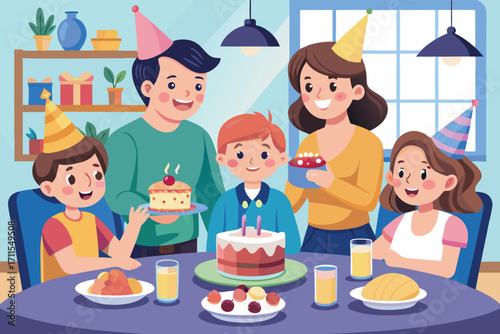 Family celebrates a child's birthday with cake, food, and joyful moments in a cozy dining room