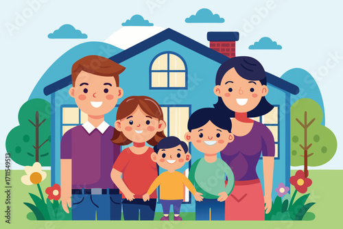 Happy family poses together in their colorful yard in front of their blue house during a sunny day