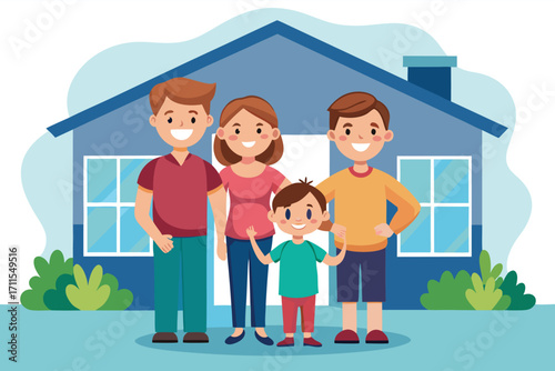 Smiling family standing in front of their blue house on a sunny day, showcasing unity and joy in their home environment