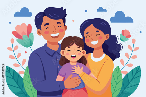 Family enjoying a cheerful moment together in a colorful and cheerful setting