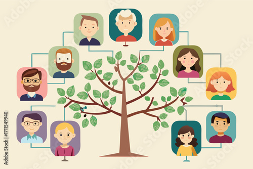 Family tree illustration showing connections between generations with people in cartoon style
