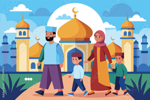 Family enjoying a day out near a beautiful mosque with golden domes during a sunny afternoon