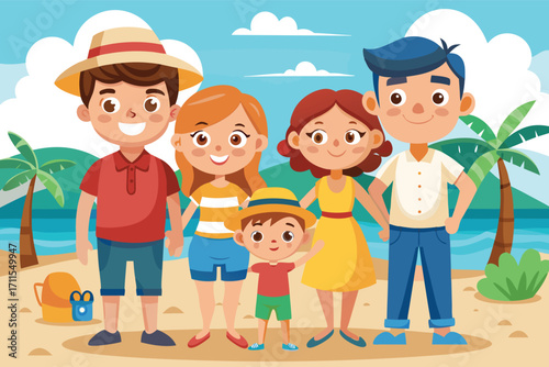 Happy family enjoying a sunny beach day with smiles and playful moments near the ocean