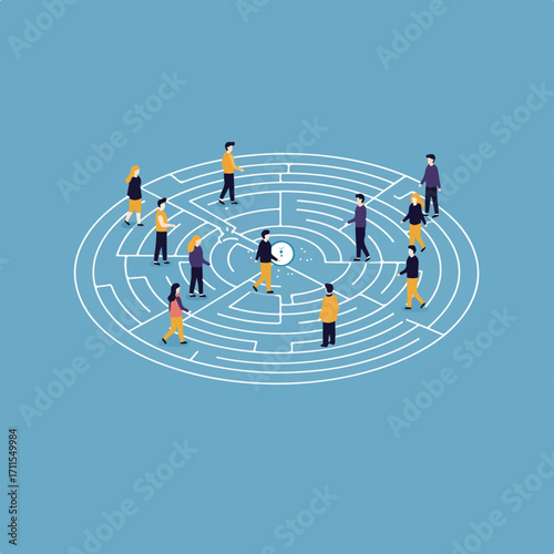A maze and several people in vector graphics with a clock in the center on a plain background