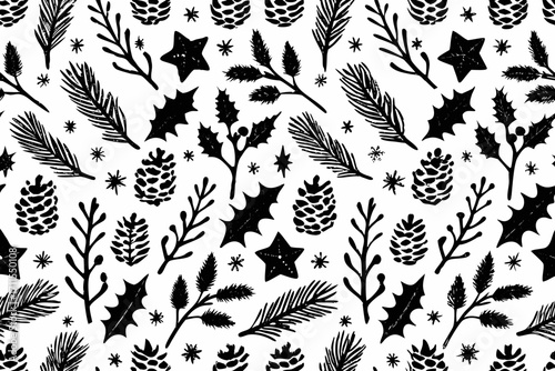 Black and white christmas pattern with pine cones holly and stars