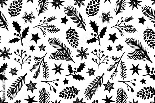 Black and white christmas pattern with pine cones holly berries and stars