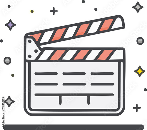 A cartoon illustration of a movie clapperboard, open and ready for filming.