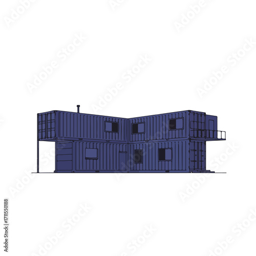 Illustration of a two-story building made of shipping containers, dark blue lines and fill