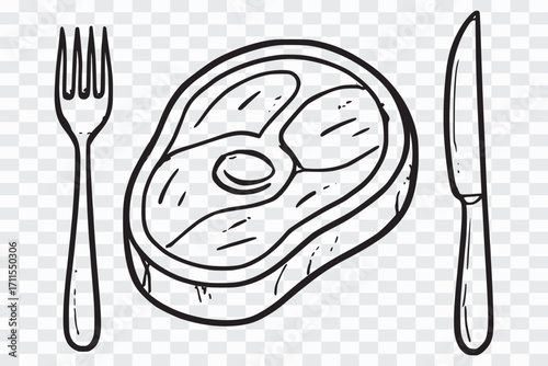 Steak Dinner with Cutlery Grilled Meat Line Art – Fork and Knife Outline Drawing Beef Steak Outline Vector – Food Sketch Design