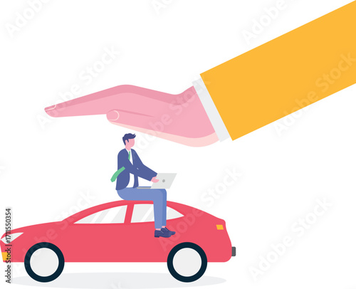 Businessman hand gently covers car, serving car insurance and automobile protection.

