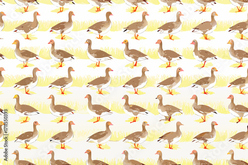 Seamless pattern of geese standing in tall grass with yellow background