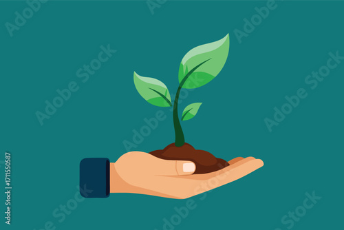 Growing plant in hand shows care for nature in gardening and environmental awareness