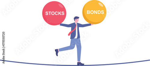 Businessman investor balancing on seesaw between stocks and bonds.


