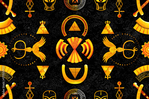 Ancient egyptian hieroglyphics and symbols seamless pattern in gold and black