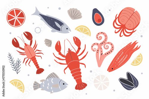 Flat design seafood collection with lobster fish octopus and lemon slices