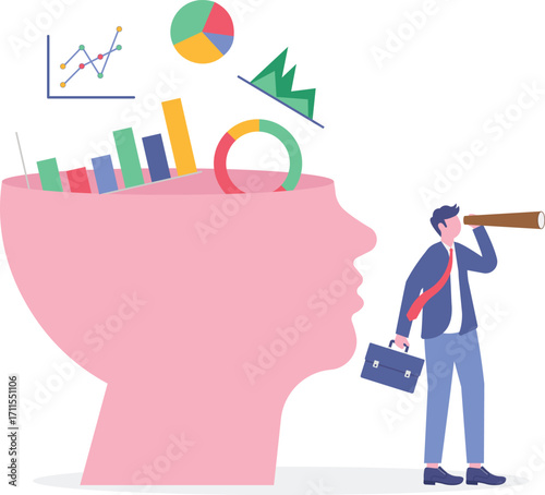 Businessman places graph diagram report on human head brain, illustrating data scientist or research information.

