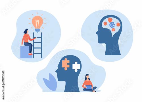Conceptual illustration of human mind and ideas with people interacting with symbols of thought