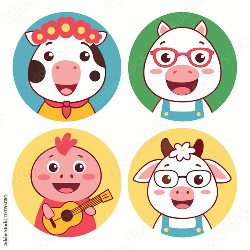 A fun set of cute cartoon baby animals vector icons including a cat, dog, pig, owl, bear, and cow illustration collection