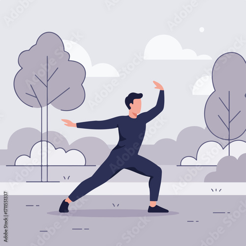 Figure in stance practicing Tai Chi in a minimalist setting with trees and clouds