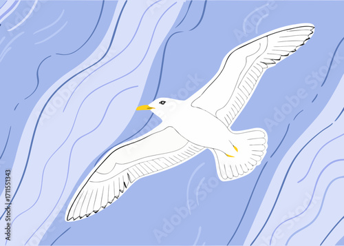 A minimalist illustration of a white seagull in flight against a blue wavy background
