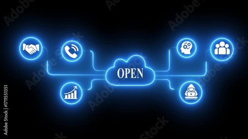 Wallpaper Mural Open cloud network concept with glowing neon icons for business collaboration communication growth security and innovation on dark background digital technology abstract Torontodigital.ca